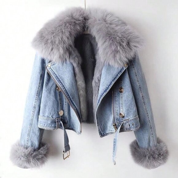 Blue Casual Women's Detachable Faux Rabbit fur Denim Parka Jacket - Picture 1 of 9